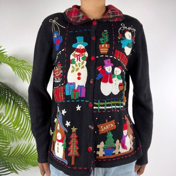 Vintage 90s Black Holiday Grandma Ugly Christmas Sweater Oversized Cardigan / M - Picture 1 of 6